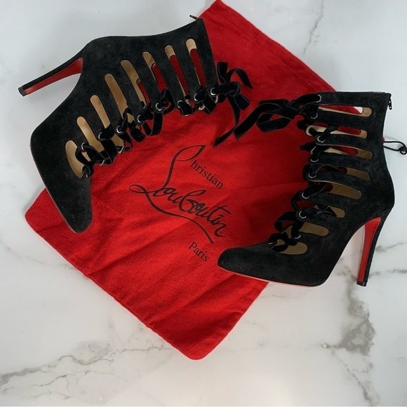 Christian Louboutin Spinetita Velvet Cage Lace-Up Suede Leather Booties Heels - Picture 3 of 16